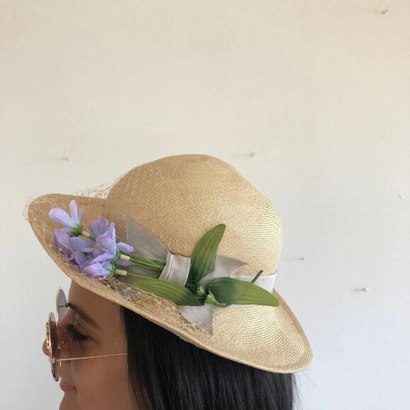 Vintage Floral Hat with Veil - Betmar New York - Tan Hat with Purple Flowers main image 6